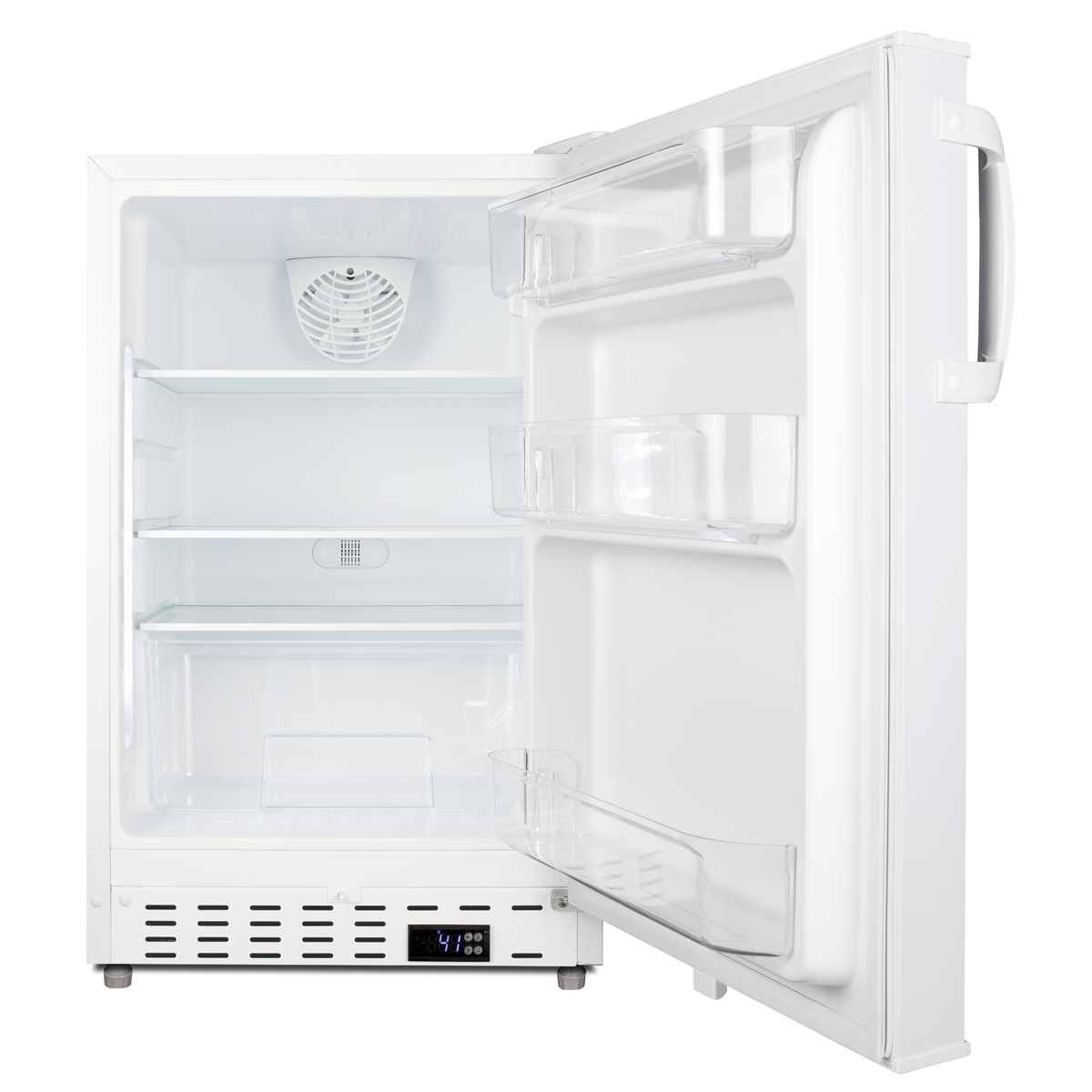 Built-in undercounter ADA compliant residential all-refrigerator in white with door storage and automatic defrost operation
